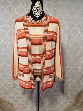 1970s Butte Knit Striped 2 piece Cardigan & Sleeve Orange/Cream Sweater size S